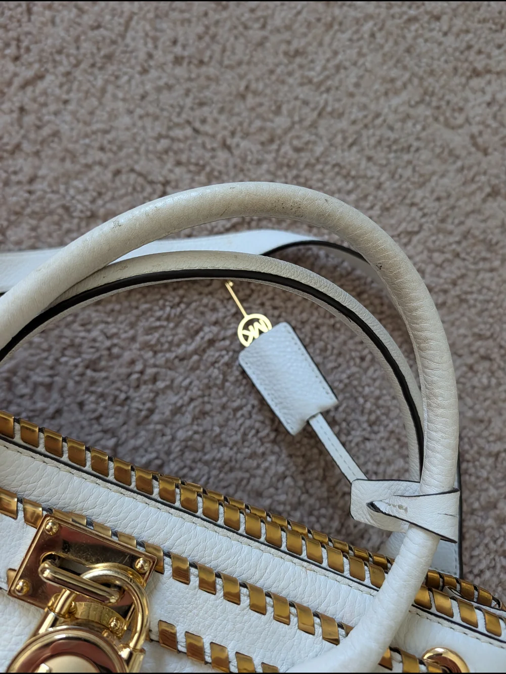 Michael Kors White Gold Hamilton Whipped Leather Satchel Handbag Purse